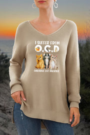 OCD V-Neck Side Split Loose Knit Pullover Sweater
