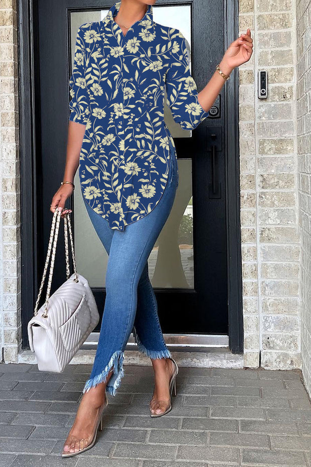 Blue Messy Floral Print Print Curved Hem Button-up Shirt