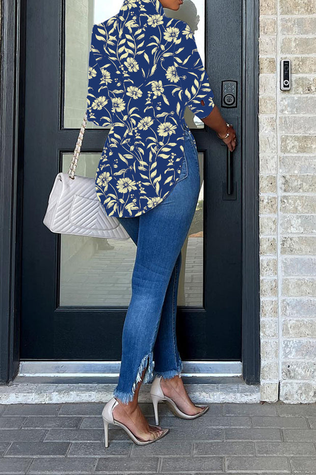 Blue Messy Floral Print Print Curved Hem Button-up Shirt