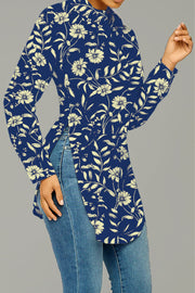 Blue Messy Floral Print Print Curved Hem Button-up Shirt