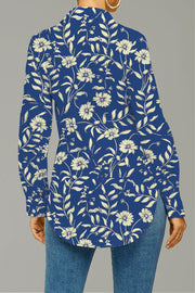 Blue Messy Floral Print Print Curved Hem Button-up Shirt