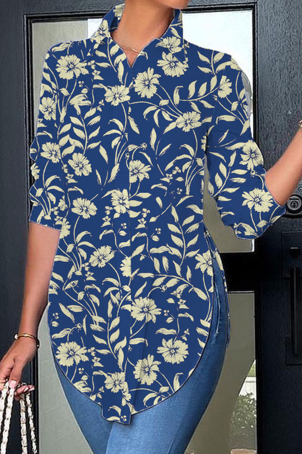 Blue Messy Floral Print Print Curved Hem Button-up Shirt