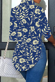 Blue Messy Floral Print Print Curved Hem Button-up Shirt