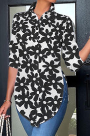 Black Daisy Floral Print Curved Hem Button-up Shirt