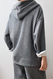 Button Hooded Loose Sweatshirt-grey