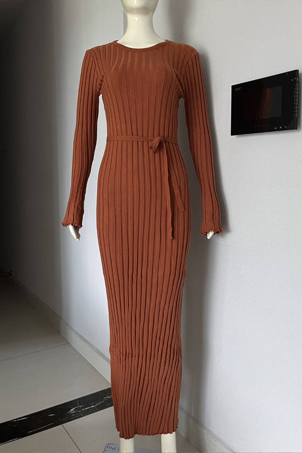 Casual Slim-fit Round-neck Striped Slim Knitted Maxi Dress