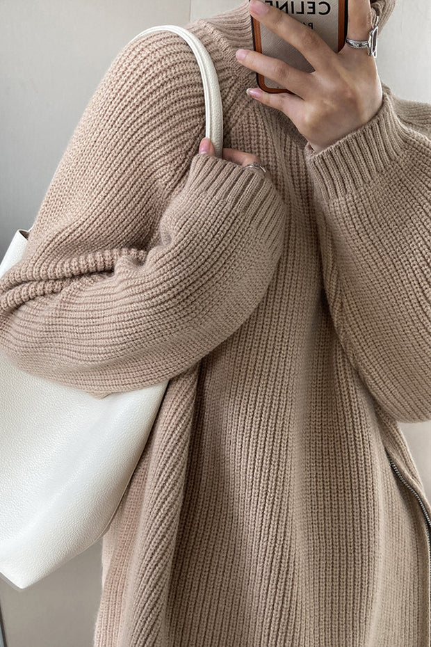 Double Slanted Zipper Slit Turtleneck Sweater-Khaki