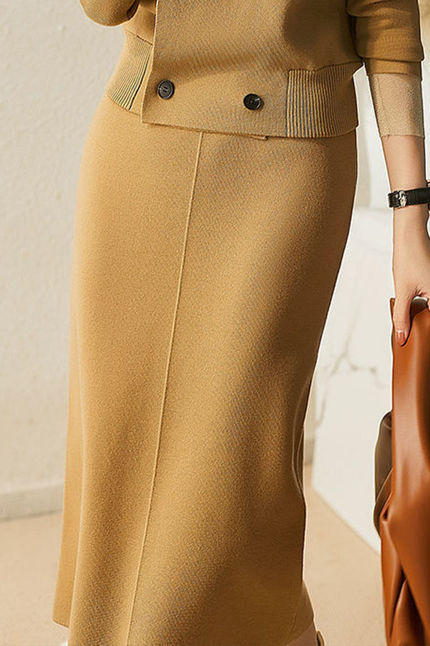 Beige Knit Straight Casual Maxi Skirt