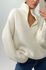 Turtleneck Pullover Zip-Up Oversized Fit Knit Sweater Top-Whiet