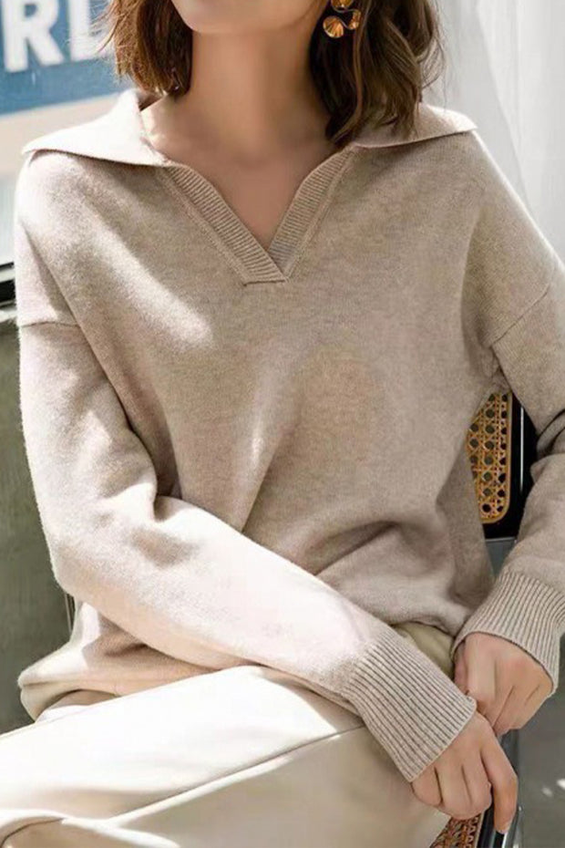Long-Sleeve Knitted POLO Collar Pullover Knitted Top-Camel
