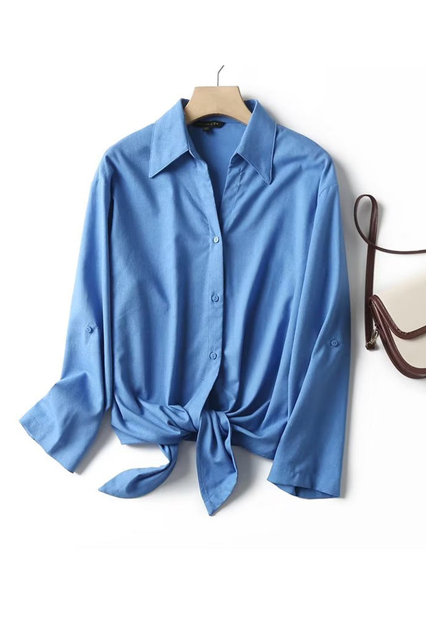 Knotted Cozy Chic Casual Blue Long Sleeve Shirt