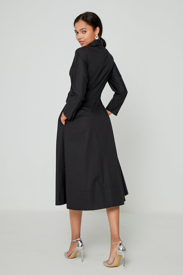 Umbrella Hem Shirt Collar Long Dress- Black