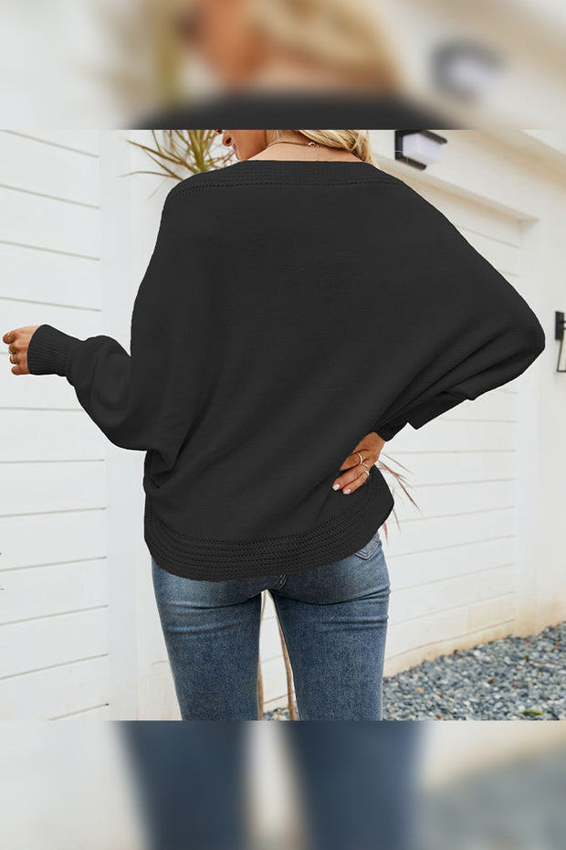 Buttoned Dolman Sleeve Knit Loose Pullover Off-Shoulder Sweater