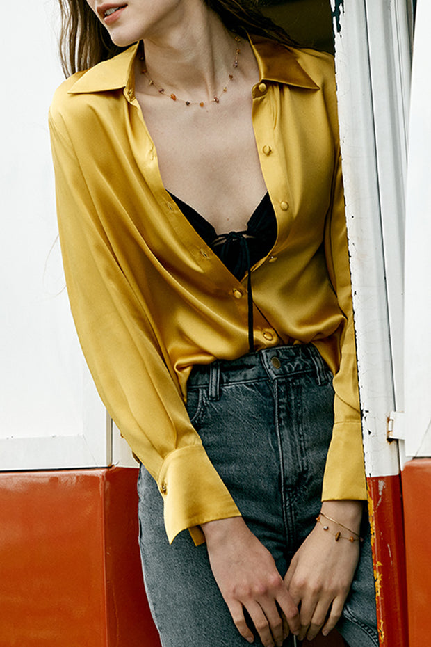 Gold Silk Top Long Sleeve Covered Button Shirt