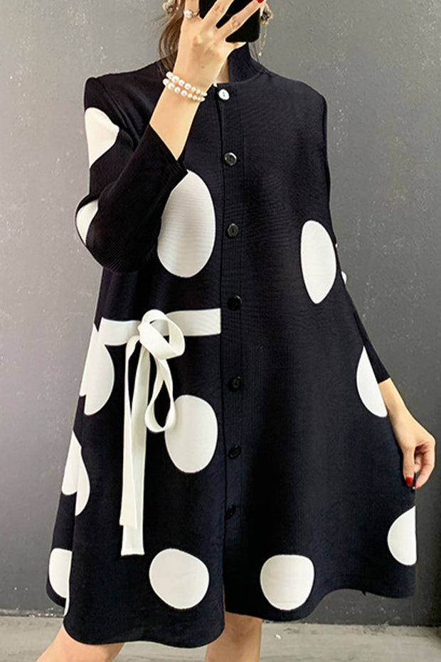 Pleated Polka-dot Tie-Breasted Stand-Collar Cardigan Dress
