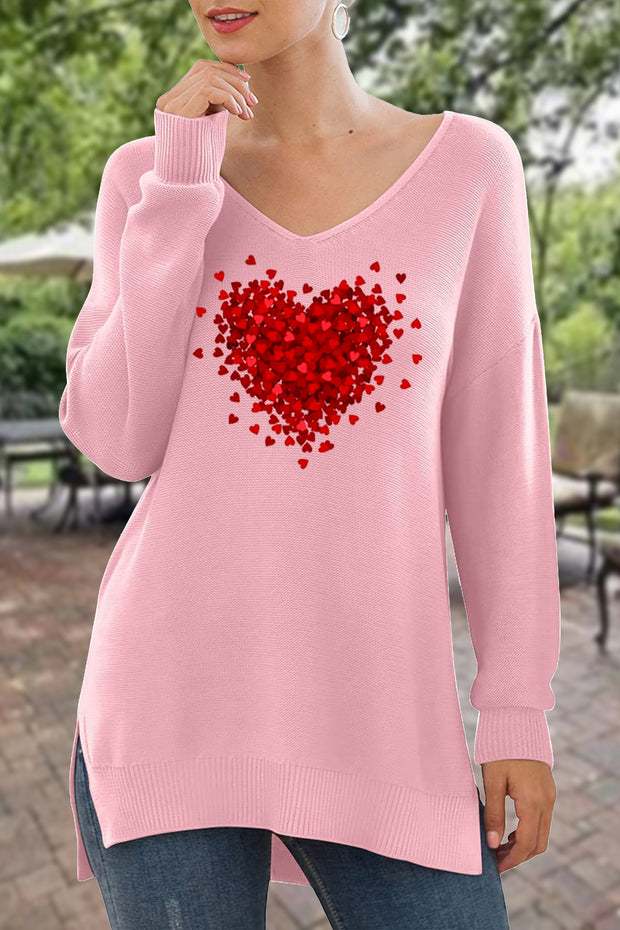 Love Element Print V-Neck Side Split Loose Knit Pullover Sweater