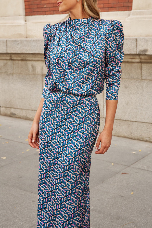 Geometric Print Slit Long Skirt Advanced Sense Waist Dress-Sky Blue