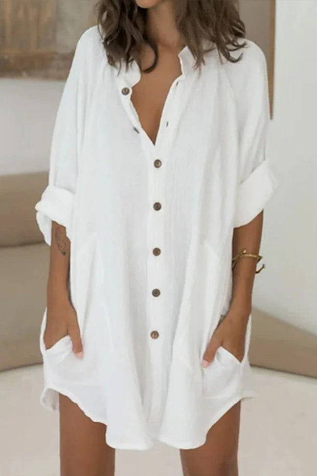 Mid-Length Comfortable Casual Shirt Dress-White