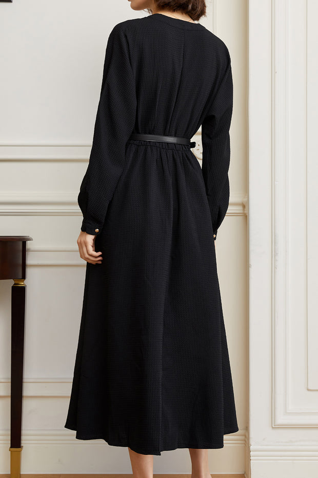 Black French Dress V Neck Slim Shirt Dress