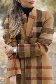 Autumn And Winter Long Sleeve CamelChecked Coat