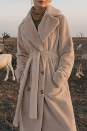 Elegant Long Double Breasted Fur Coat-Off-white
