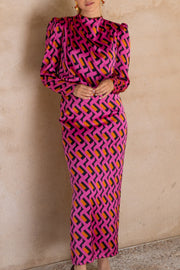 Geometric Print Slit Long Skirt Advanced Sense Waist Dress-Rose Red
