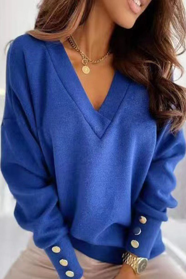 Women's V-Neck Metal Button Knitted Sweater
