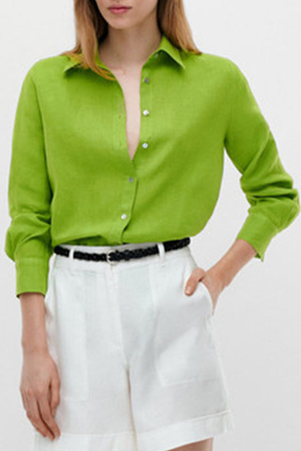 Green Linen Casual Long Sleeve Shirt