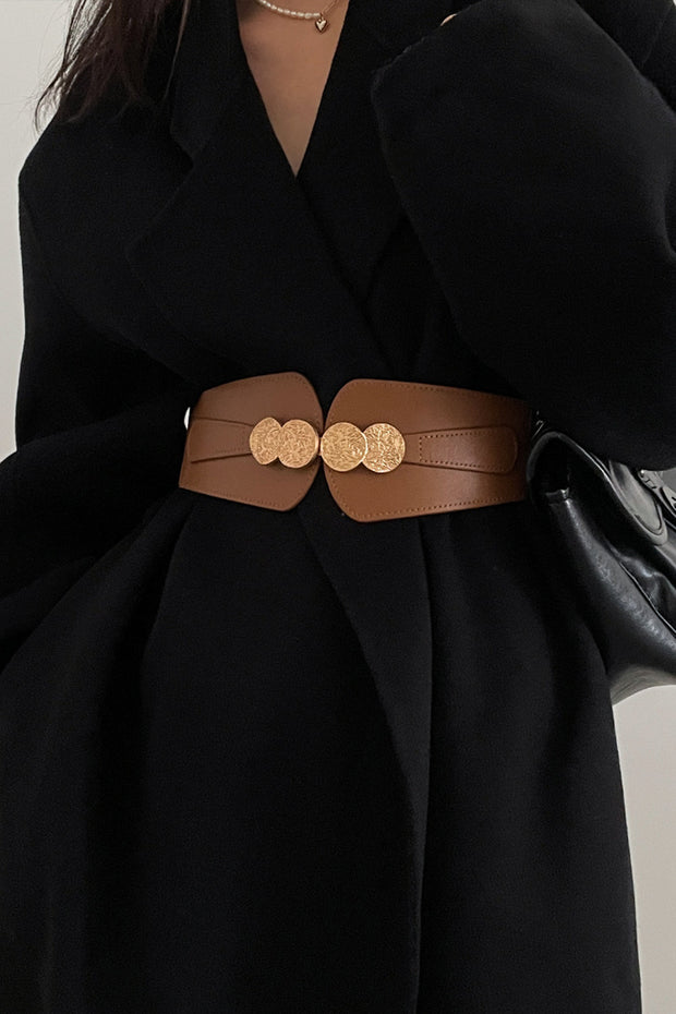 Elastic Metal Button Wide Waistband Belt for Women's Dresses