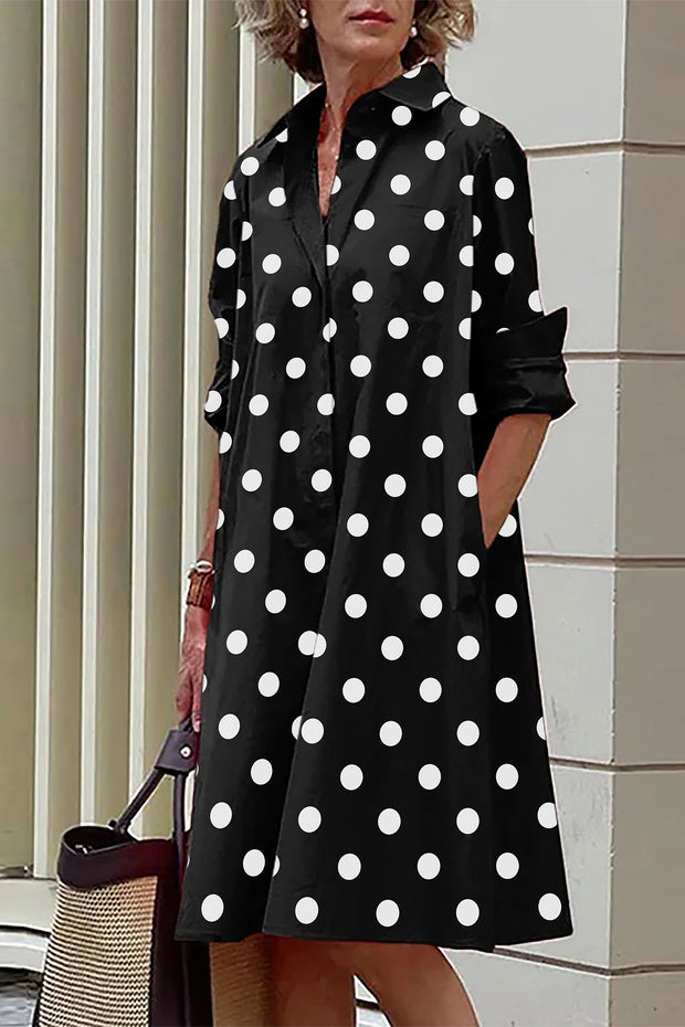 Polka Dot Print Casual Midi Shirt Dress-Black