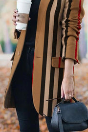 Autumn And Winter Long-sleeved Vertical Stripe Print Coat Coat