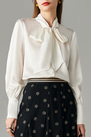 Pearl White Bow Collar Loose Long Sleeve Silk Shirt
