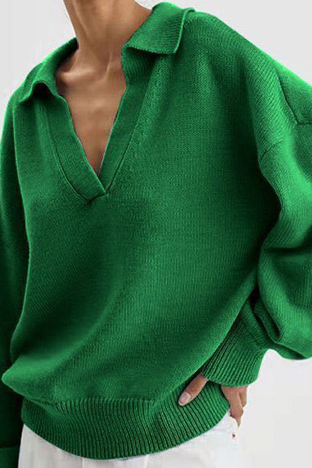 Long-Sleeve Knitted POLO Collar Pullover Knitted Top-Green