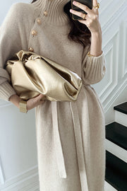 Retro Turtleneck Button Tie-Waist Sweater Dress