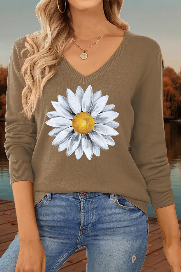 Women's Hand Drawn Daisies V-Neck Loose Knit Pullover Sweater