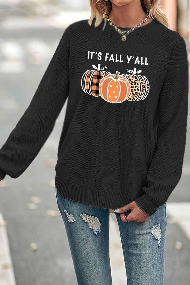 IT'S FALL Y'ALL' Pumpkin Crew Neck Waffle Pullover Jumper Sweater