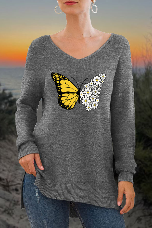 Butterfly Daisy Design Print V-Neck Side Split Loose Knit Pullover Sweater