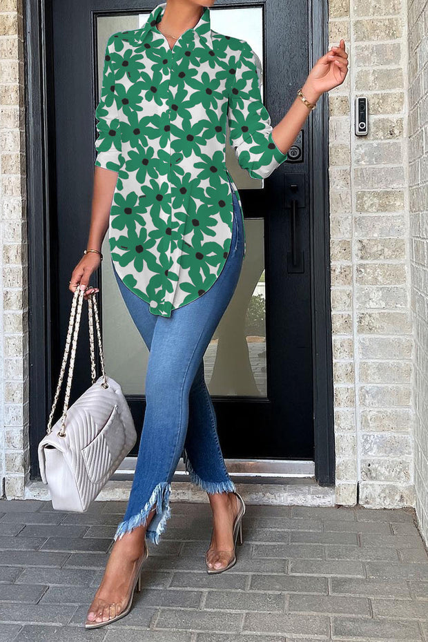 White and Green Flowers Print Curved Hem Button-up Shirt