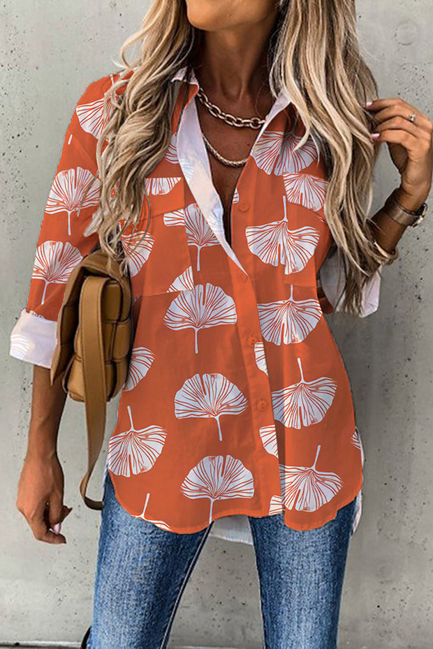Orange Ginkgo Leaf Print Decorative Pocket Comfortable Long Sleeve Shirt