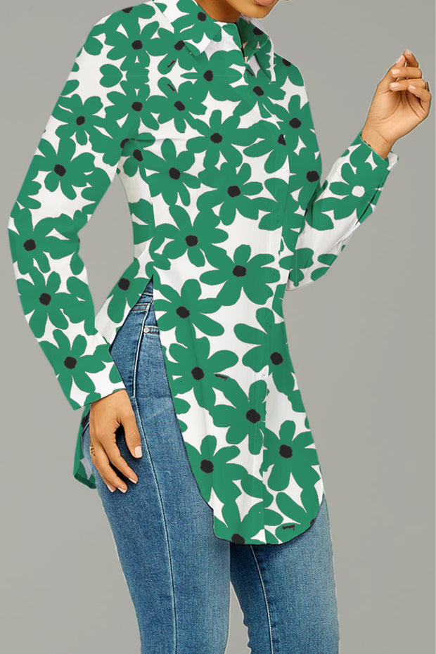 White and Green Flowers Print Curved Hem Button-up Shirt