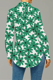 White and Green Flowers Print Curved Hem Button-up Shirt