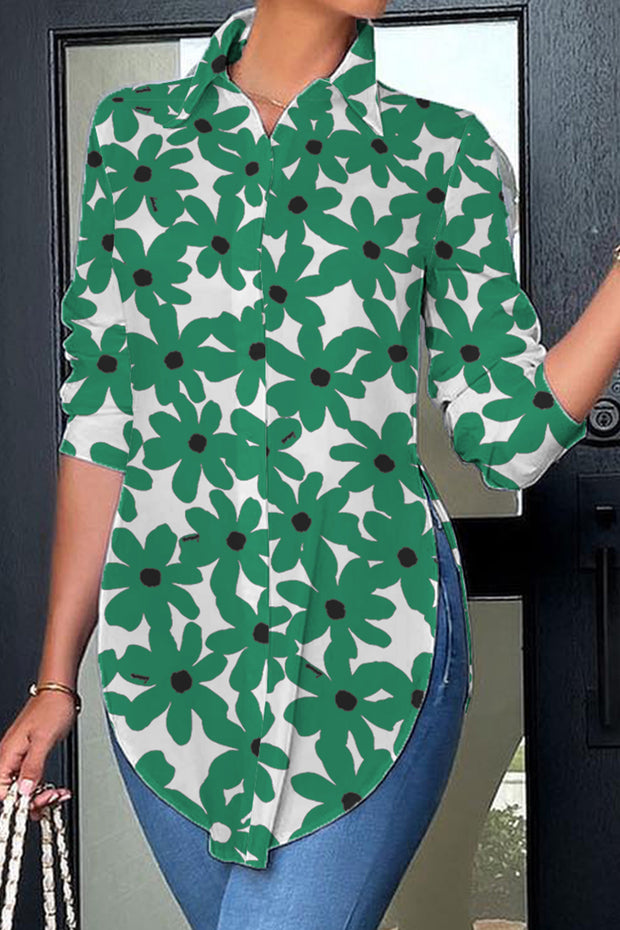 White and Green Flowers Print Curved Hem Button-up Shirt