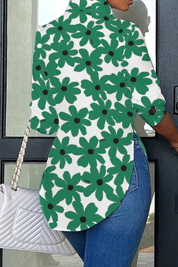 White and Green Flowers Print Curved Hem Button-up Shirt