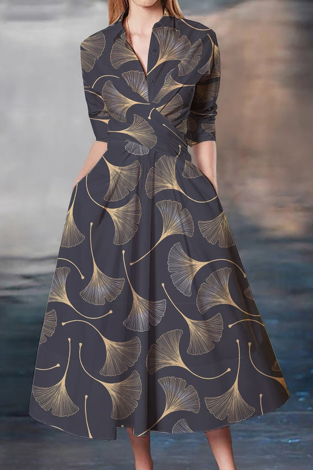 Gold Ginkgo Leaf Print Waist-cinching Umbrella Hem Maxi Dress