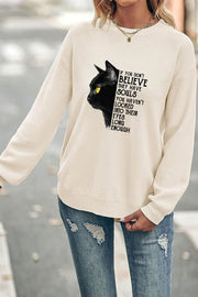Black Cat Design Crew Neck Waffle Sweater