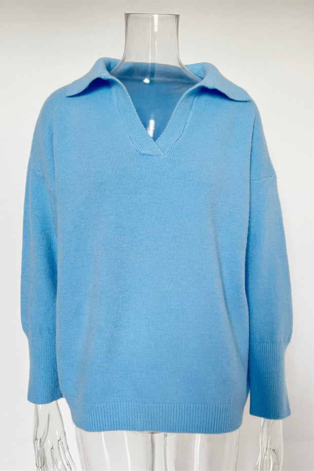 Long-Sleeve Knitted POLO Collar Pullover Knitted Top-Sky Blue