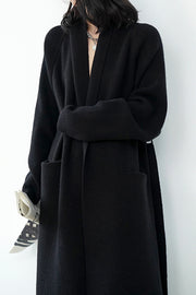 Black Loose Lapel Knit Mid-Length Coat