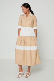 White and Brown Patchwork Cake Skirt Hem Shirt Collar Long Dress