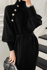 Retro Turtleneck Button Tie-Waist Sweater Dress