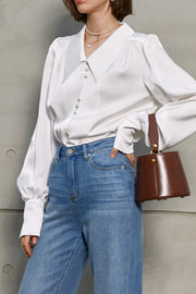 Casual Vintage V-neck Long-sleeve White Shirt